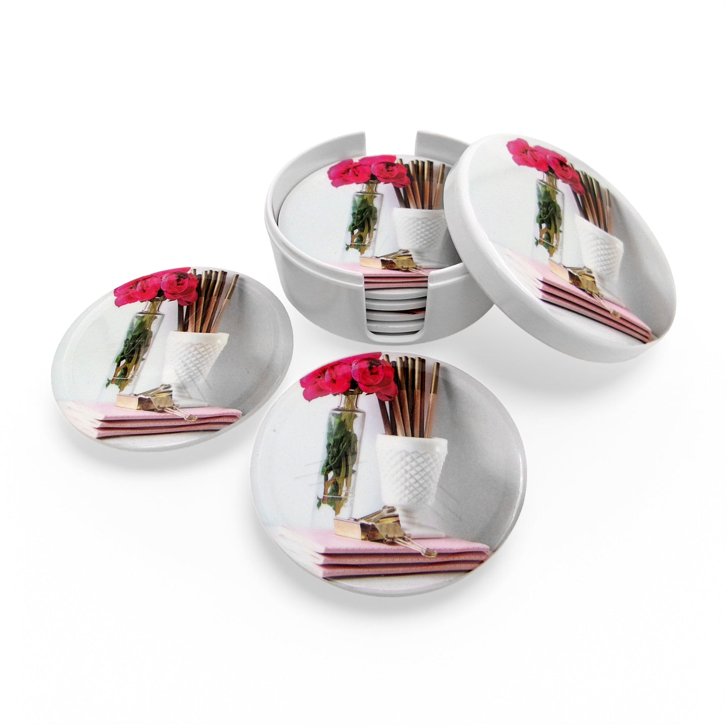 SUPERWARE | Pure Melamine | Coasters - Rose on White | Set Of 8 Pcs | Stain Free, Glazed Finish