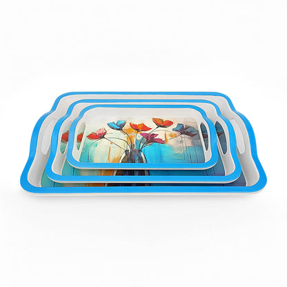 SUPERWARE | Pure Melamine | Matrix Tray Set - Azure Poppy | Set Of 3 Pcs.| Stain Free, Glazed Finish