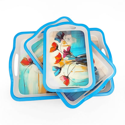 SUPERWARE | Pure Melamine | Matrix Tray Set - Azure Poppy | Set Of 3 Pcs.| Stain Free, Glazed Finish