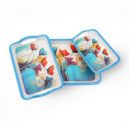 SUPERWARE | Pure Melamine | Matrix Tray Set - Azure Poppy | Set Of 3 Pcs.| Stain Free, Glazed Finish