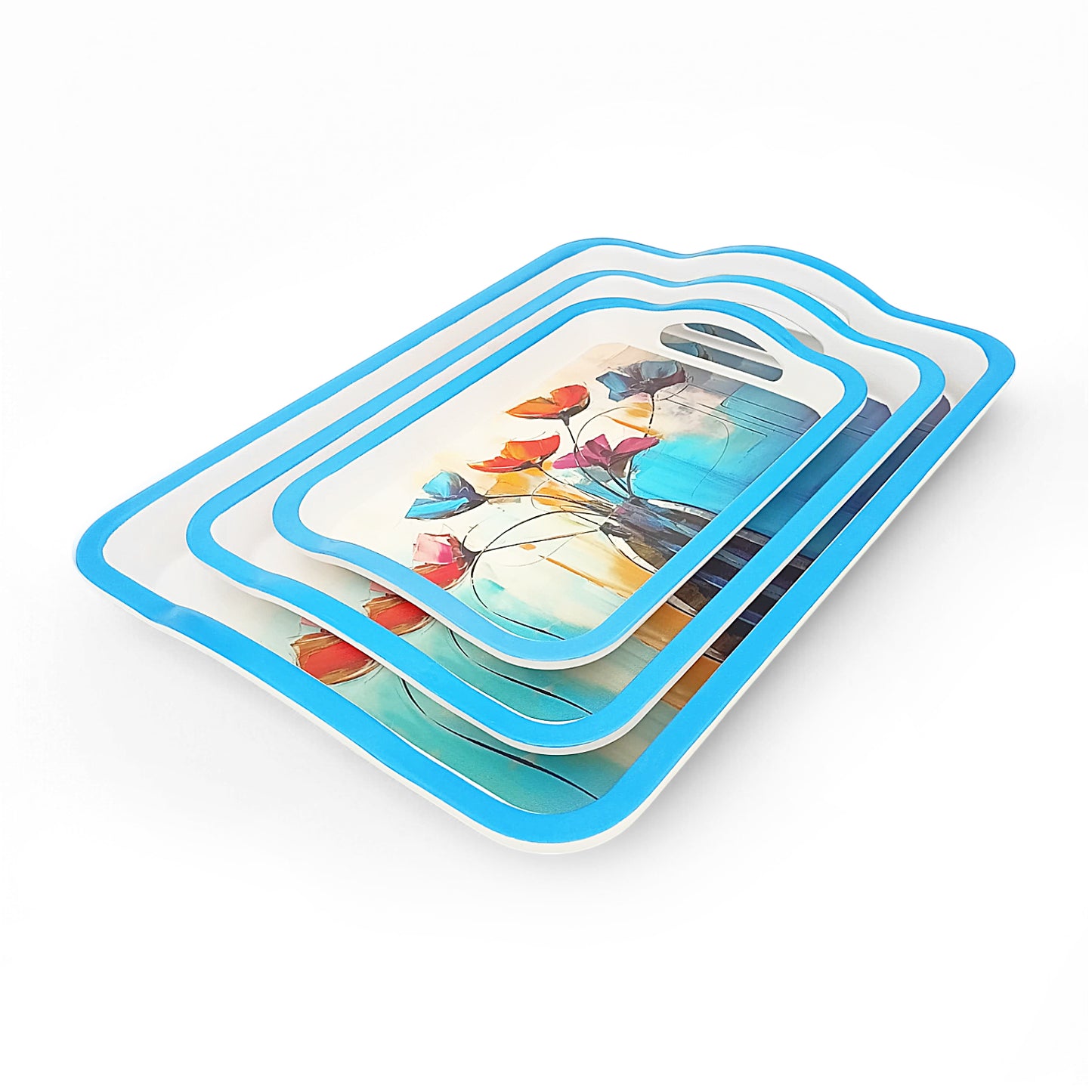 SUPERWARE | Pure Melamine | Matrix Tray Set - Azure Poppy | Set Of 3 Pcs.| Stain Free, Glazed Finish