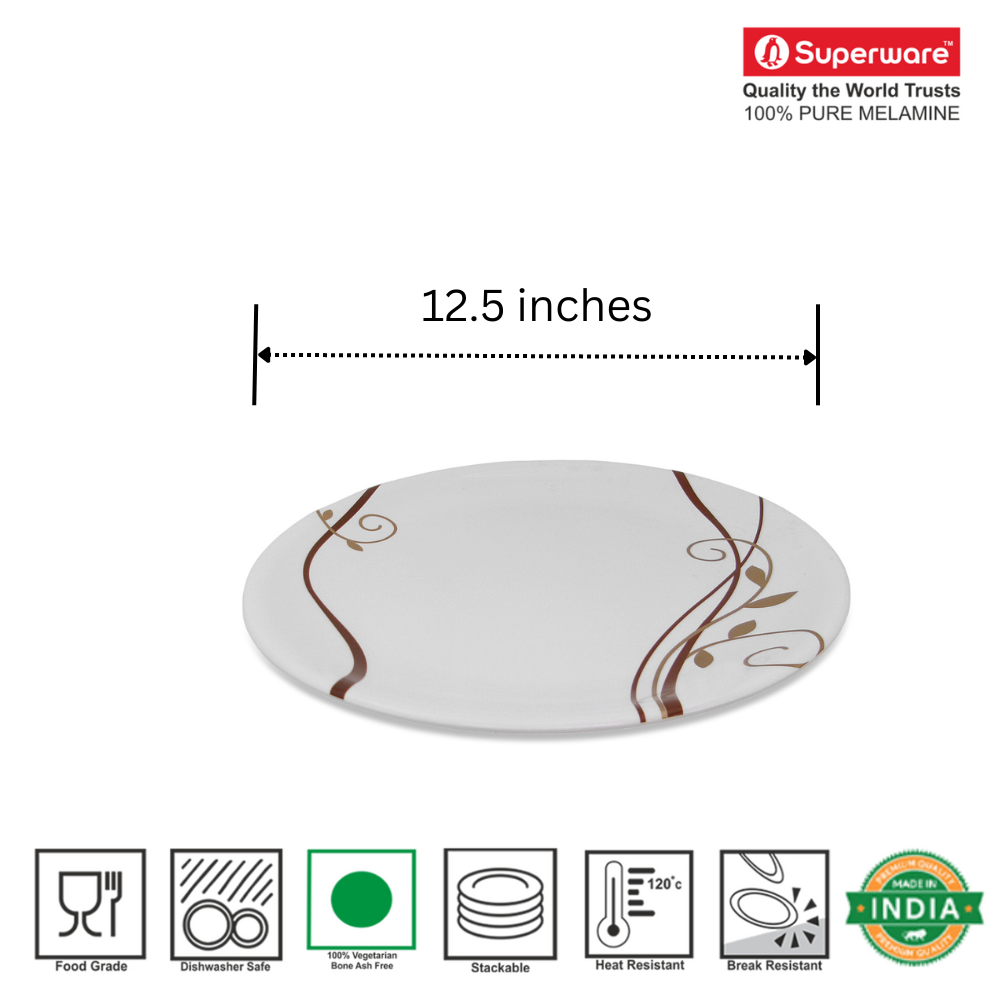 SUPERWARE | Pure Melamine | Buffet Plate Set – Spiral Fluer (12.5”) | 6 Nos. | Stain Free, Glazed Finish