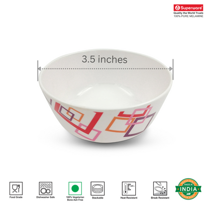 SUPERWARE | Pure Melamine | Katori Set - INDIAN SQUARE (3.5") | 6 Nos.| Stain Free, Glazed Finish