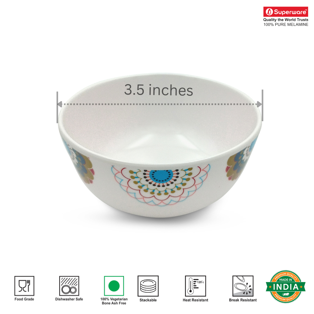 SUPERWARE | Pure Melamine | Katori Set - TURQUISE BLOOM (3.5") | 6 Nos. | Stain Free, Glazed Finish