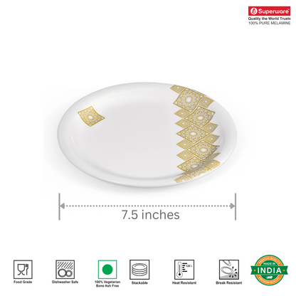 SUPERWARE | Pure Melamine | Small Plate Set - GOLDDEKO (7.5") | 6 Nos. | Stain Free, Glazed Finish