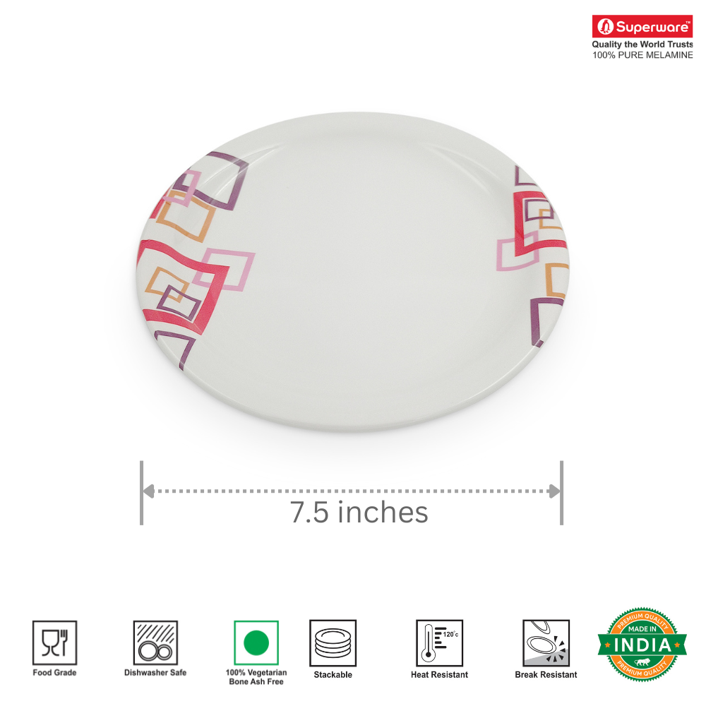 SUPERWARE | Pure melamine | Small Plate Set - INDIAN SQUARE (7.5") | 6 Nos. | Stain Free, Glazed Finish