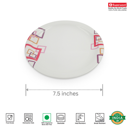 SUPERWARE | Pure melamine | Small Plate Set - INDIAN SQUARE (7.5") | 6 Nos. | Stain Free, Glazed Finish