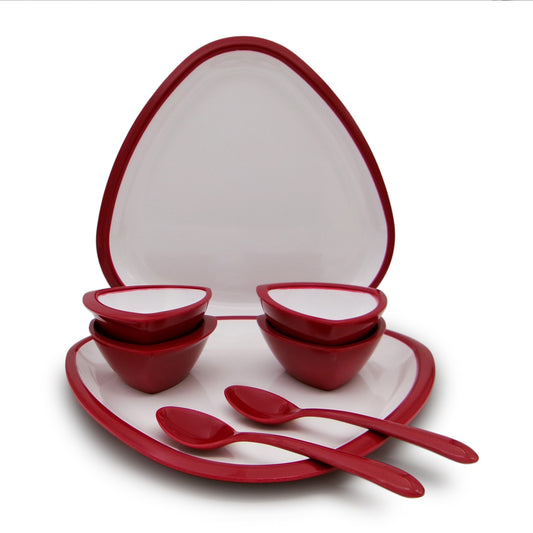 EKTRA | Premium Melamine | Dinner Set - Triangular Thali Red Maroon (Set of 8 Pcs.) | Durable, Fade proof